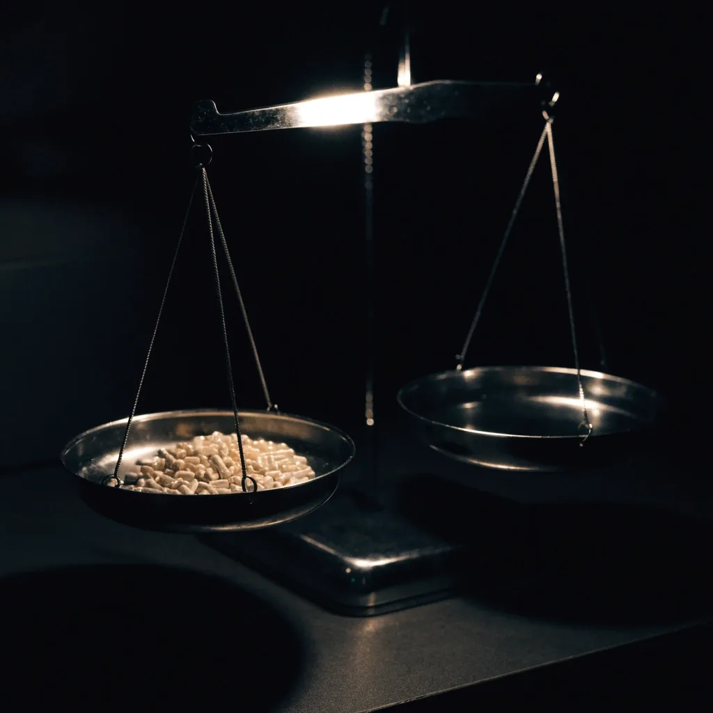 Two steel scale pans on a dark benchtop, one holding capsules and the other empty
