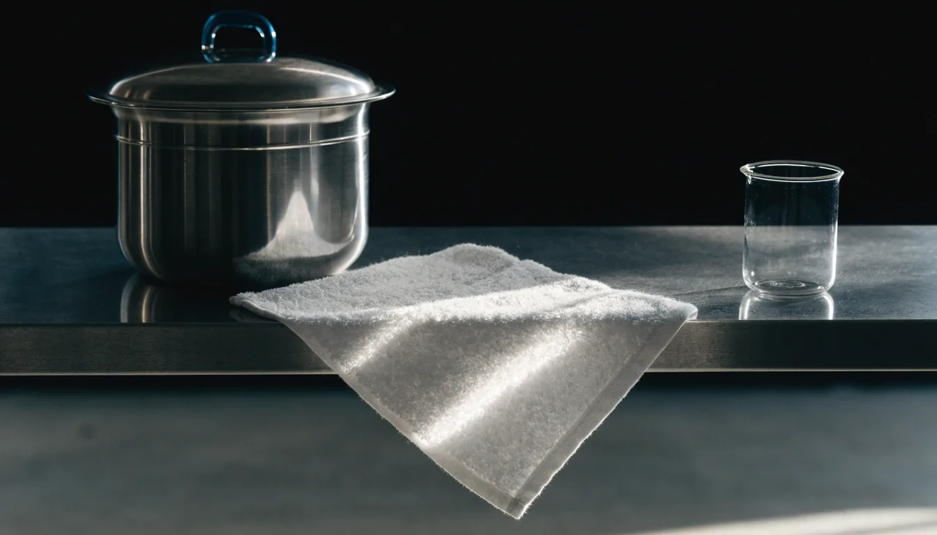 A single stainless vessel and a glass beaker on a dark benchtop under a cool rim light