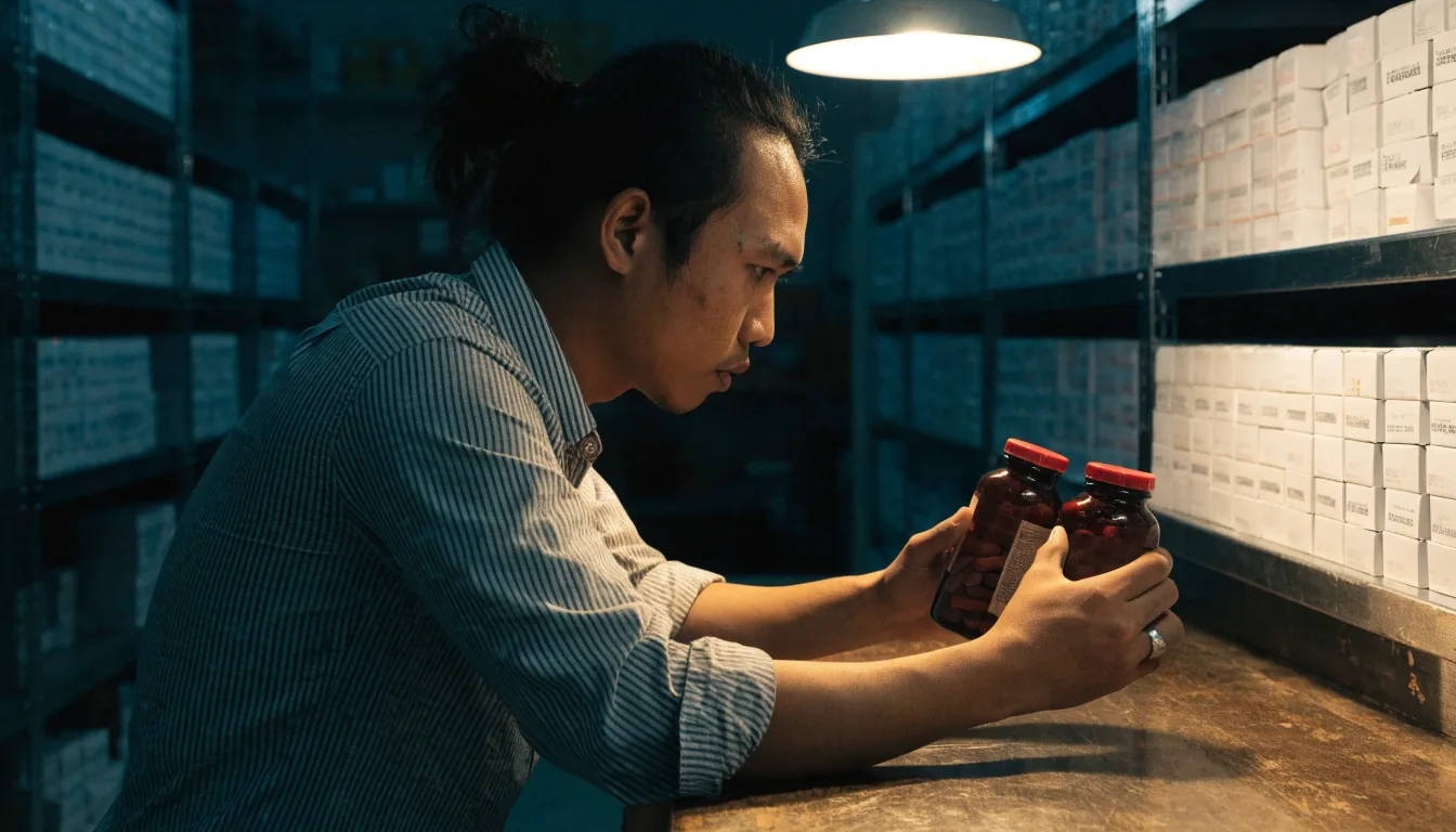 Hands arranging amber-glass supplement bottles in a ruled row on a dark steel benchtop under one overhead light