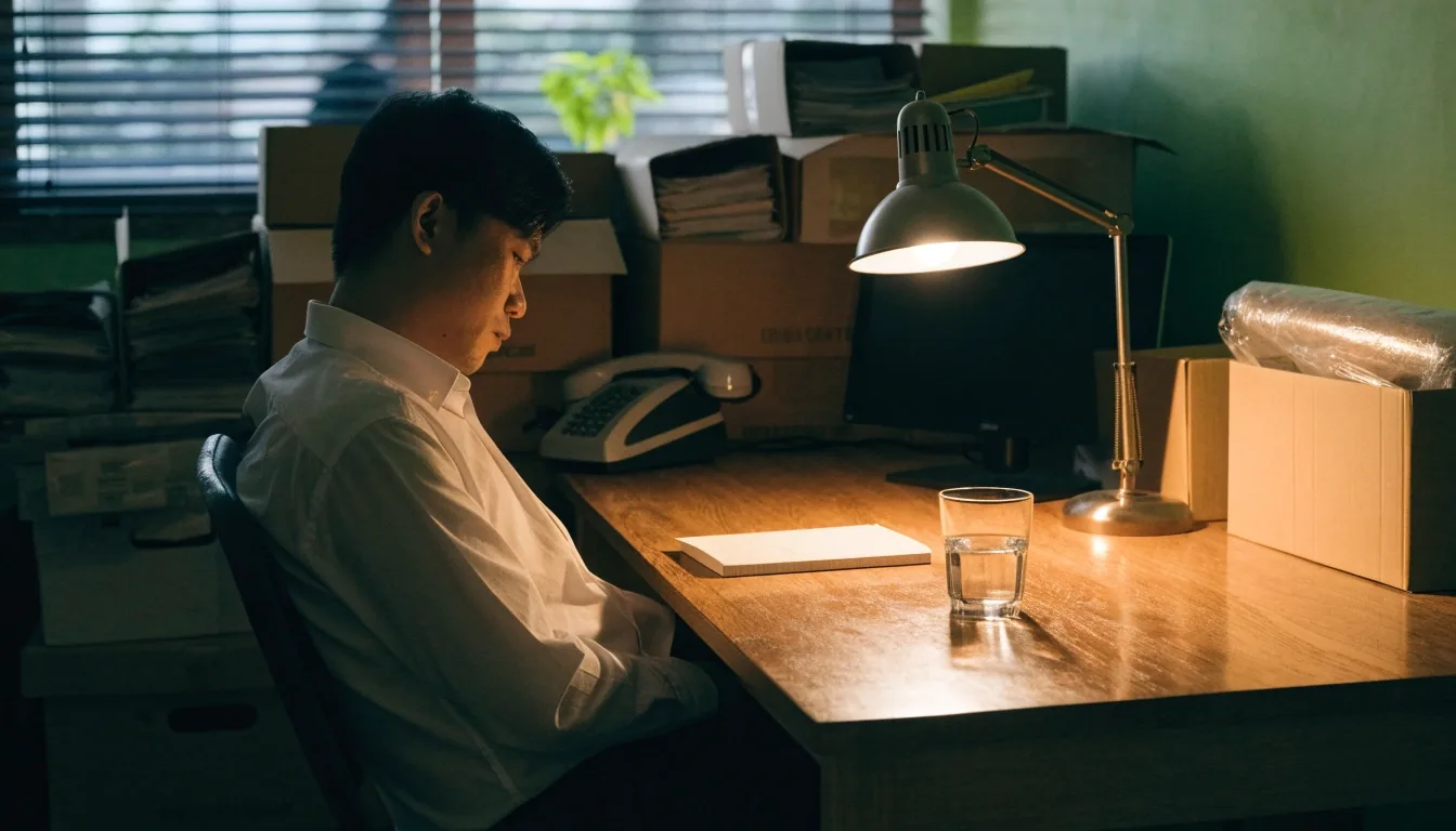 A dark desk seen from above at day's end with blank paper turned face down, a closed pen, a half-full glass and a steel ruler