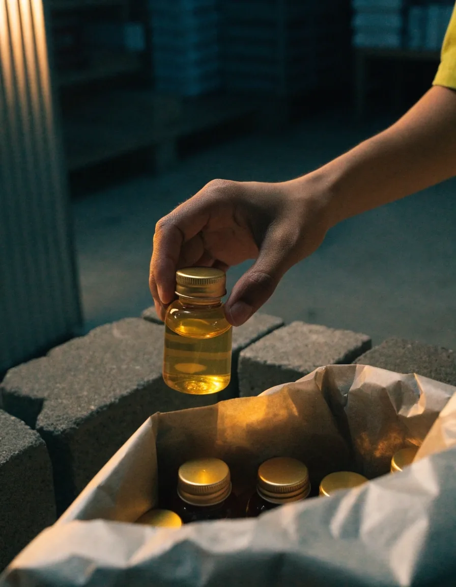 Hands lifting an unlabelled amber supplement bottle out of an open parcel on a dark bench
