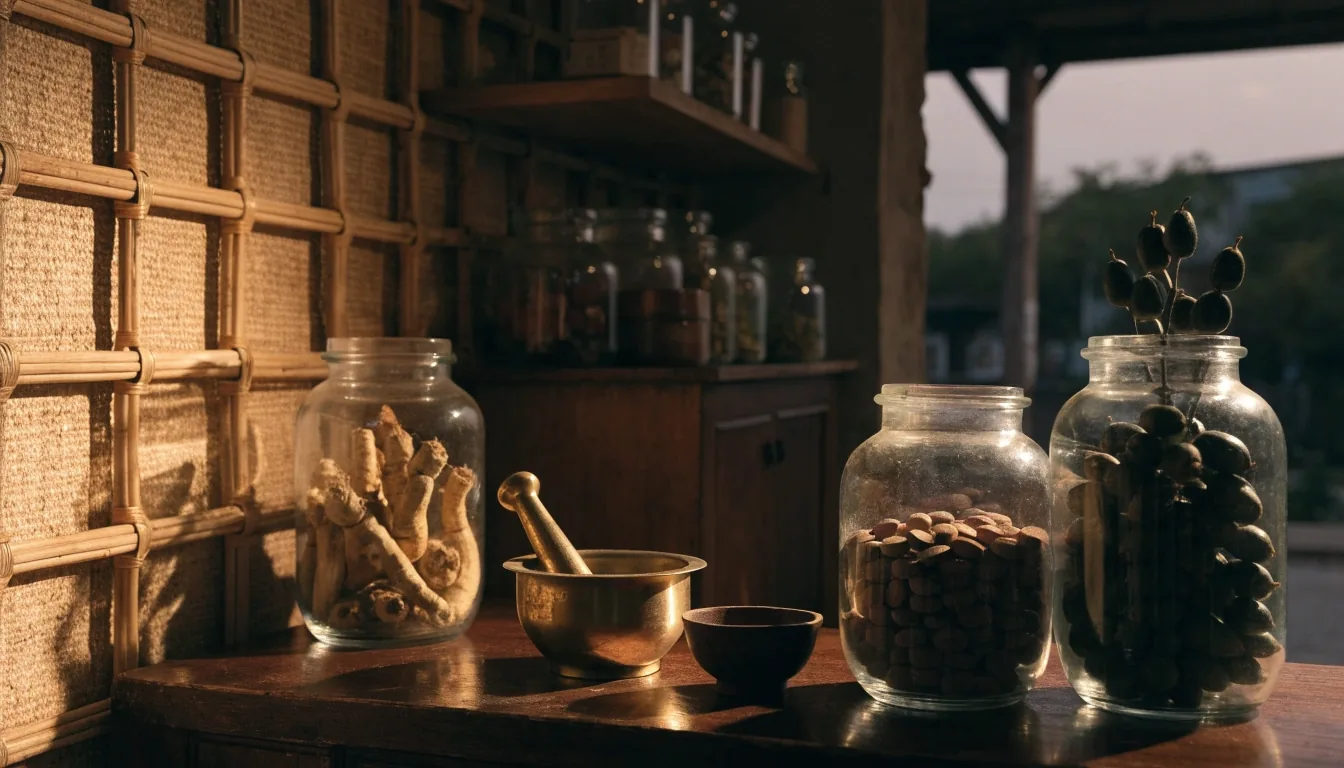 Hands lining up amber-glass supplement bottles in a ruled row on a steel bench at night