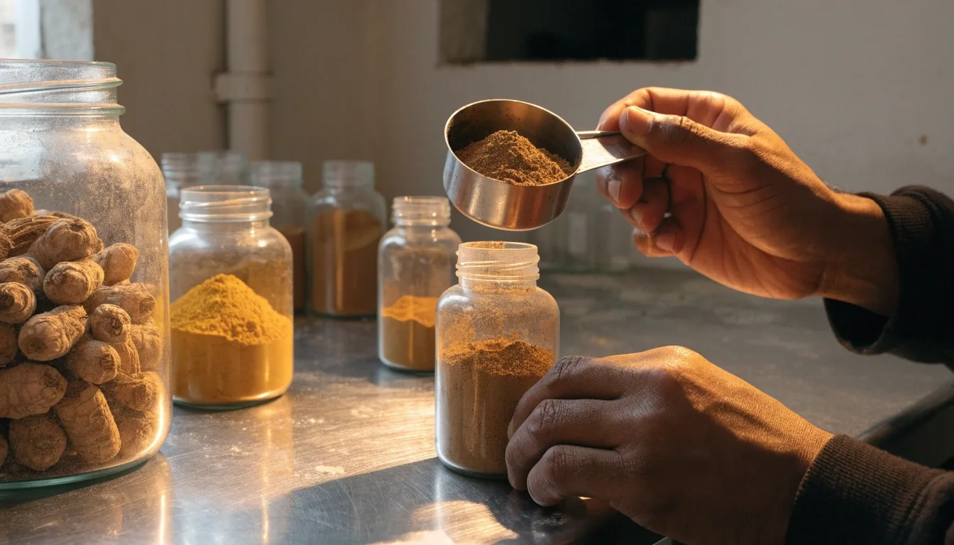 A ruled row of unlabelled amber supplement bottles on a steel counter under a single overhead lamp