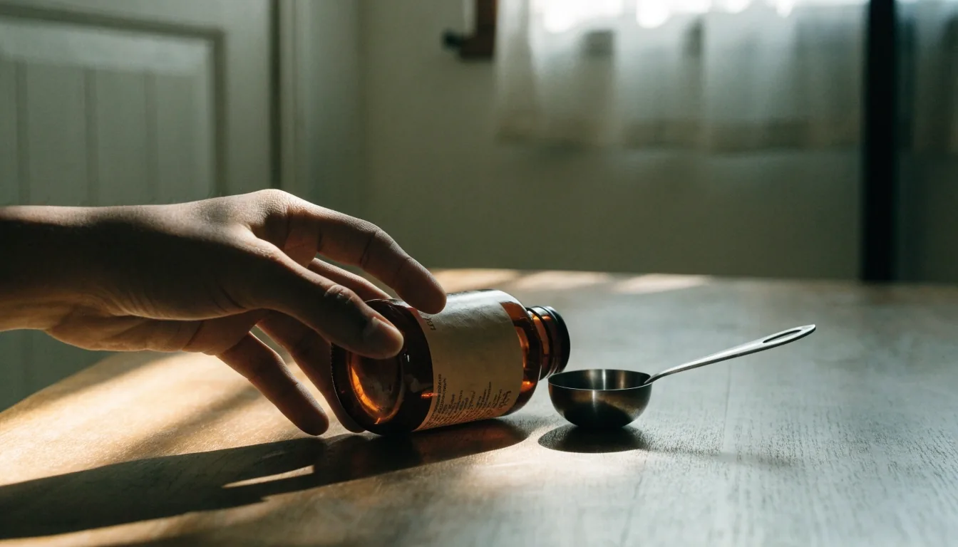 Hands turning an unlabelled amber supplement bottle on a dark counter beside steel measuring spoons