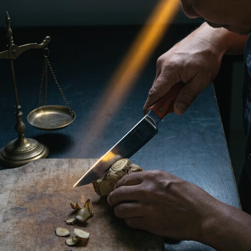 Hands weighing dried root on a small jeweller's scale on a dark benchtop