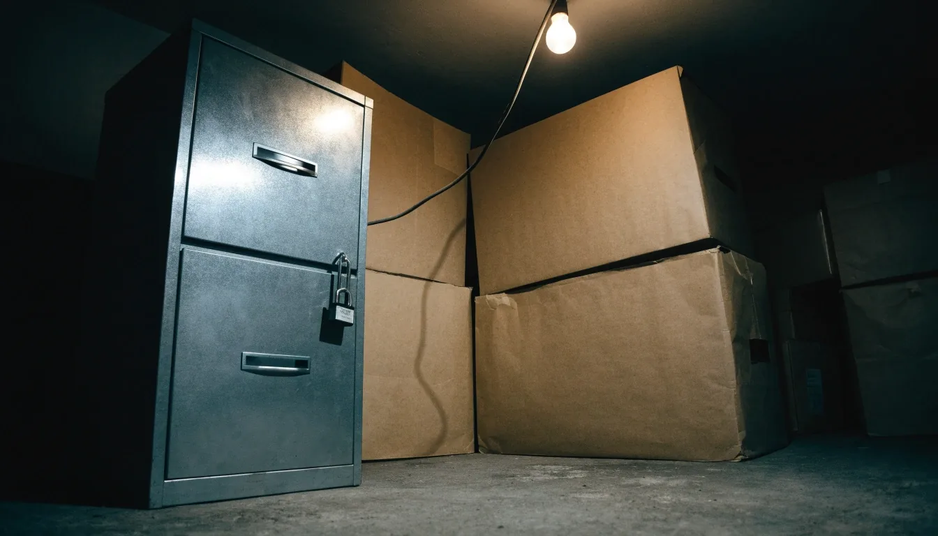 Storage and records room behind the TrueAscent office counter, lit by one overhead lamp
