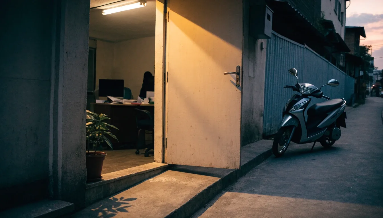 The TrueAscent office counter and doorway at night on a street in Bandung