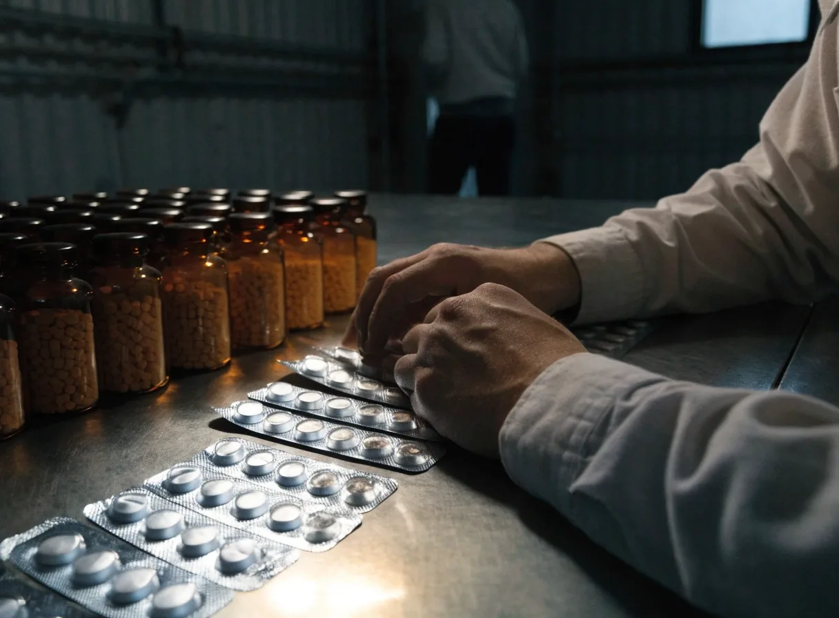 A hand pressing a tablet from a blank silver foil blister pack on a dark benchtop