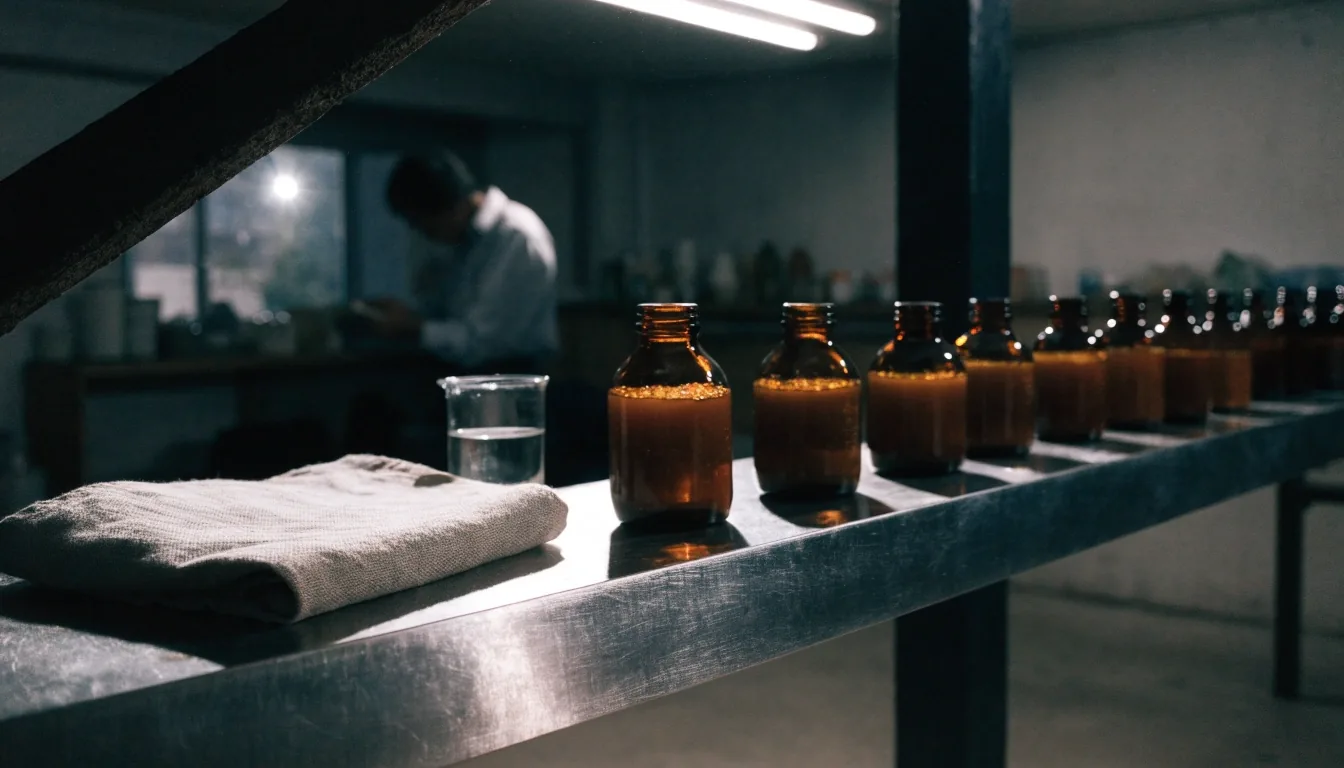 A row of unlabelled amber-glass supplement bottles on a dark steel bench beside a beaker of clear liquid