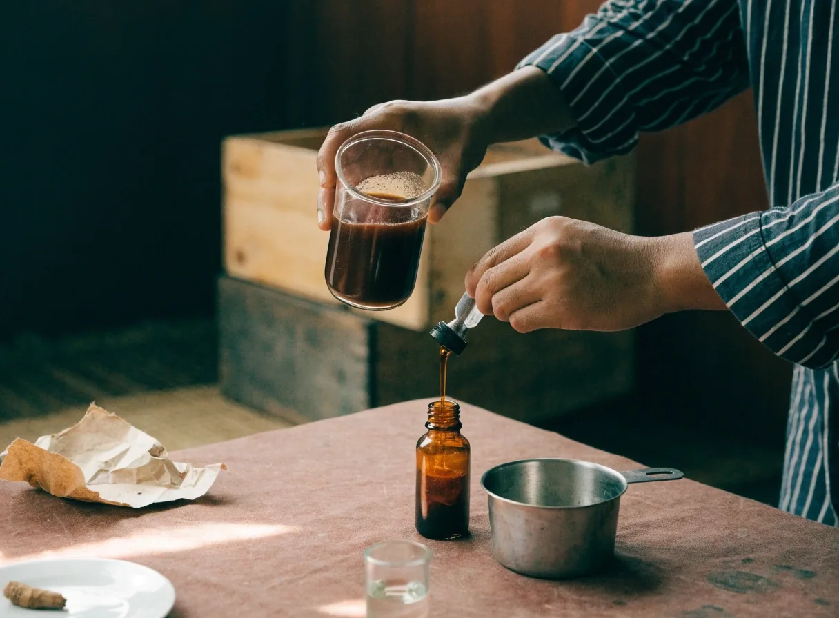 An unlabelled amber dropper bottle and a glass of clear liquid with a measuring cap on a dark benchtop