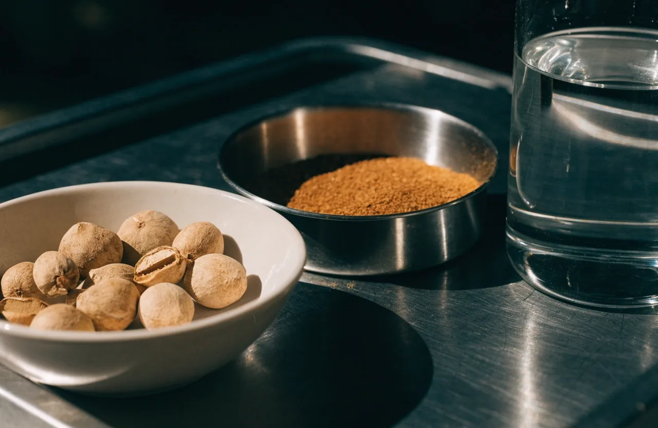 Dried botanical material and a weighing pan on a dark steel benchtop