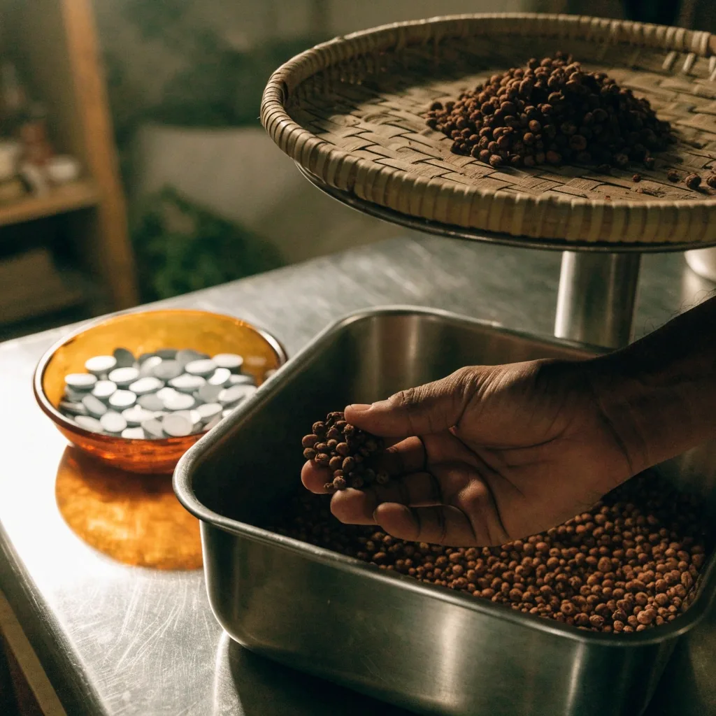Macro of dried root material being weighed on a steel pan