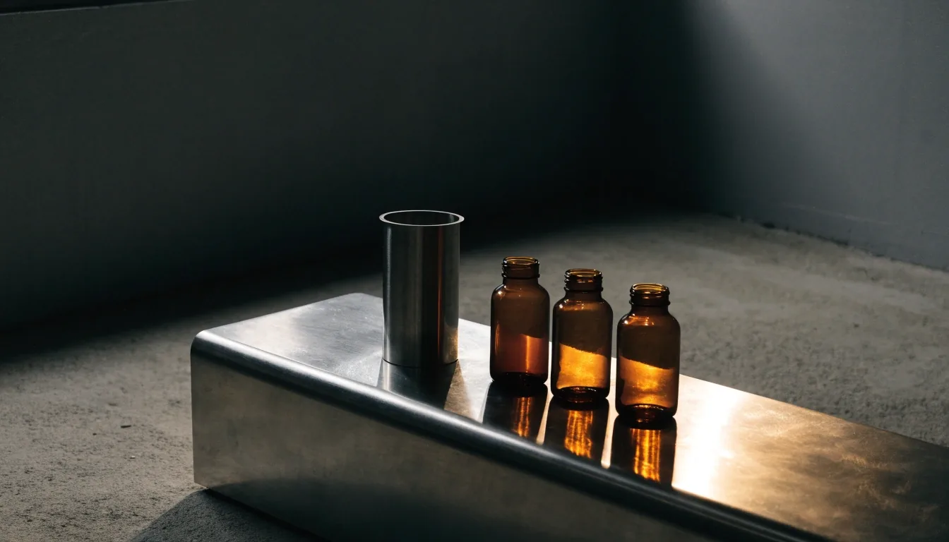Steel counter with amber-glass supplement bottles under a single hard overhead light
